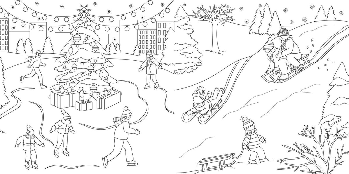 Black and white line art illustration of a festive winter holiday scene with children sledding, playing with a decorated Christmas tree, gifts, and snow-covered trees.