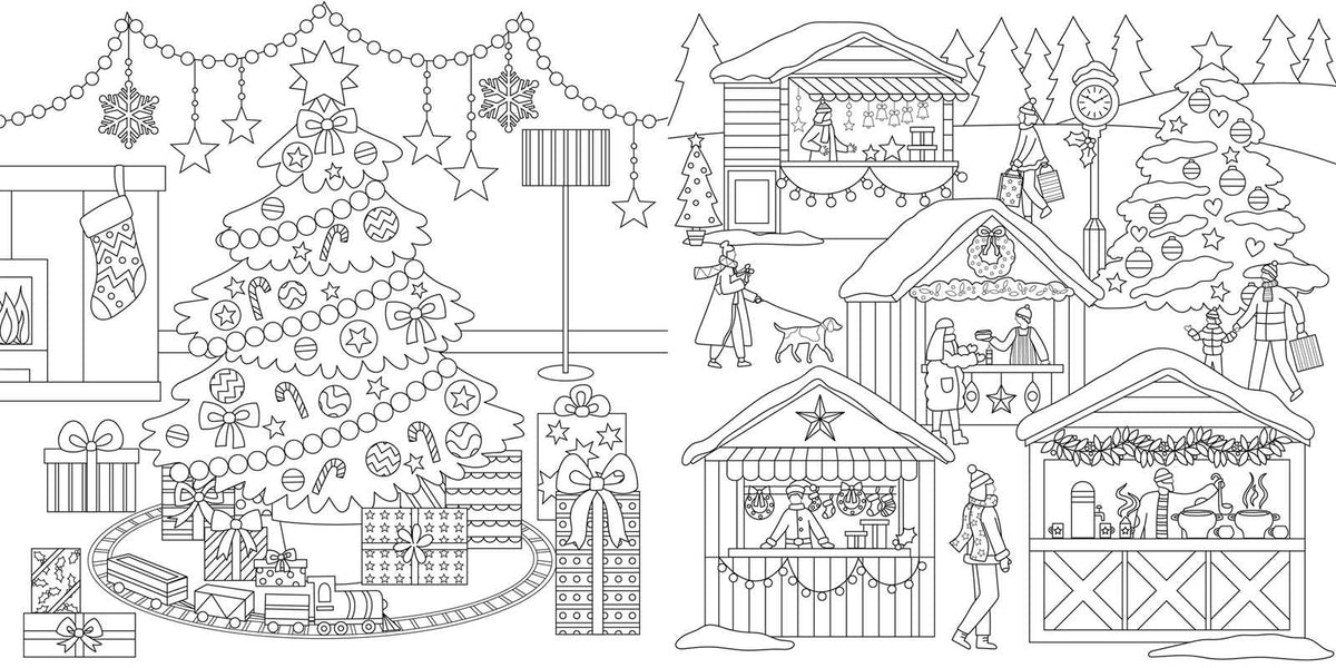 Black and white line art coloring page featuring a festive Christmas village scene with a decorated tree, wrapped gifts, market stalls, stars, garlands, and small human figures.