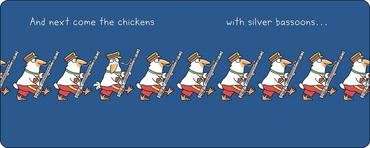 A blue illustrated strip showing a repeating row of cartoon chickens carrying and playing silver bassoons, with white text reading 'And next come the chickens' on the left and 'with silver bassoons.