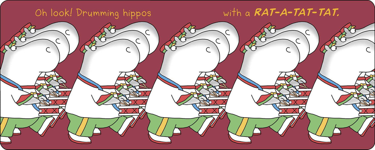 Animated hippos playing drums with text on a red background