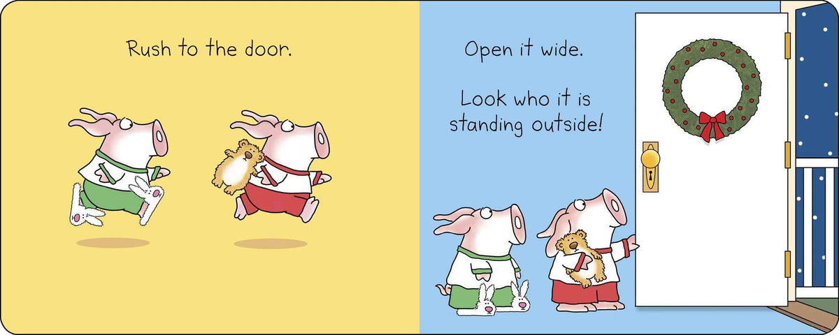 A children's book-style illustrated scene with two cartoon pigs running toward a door on the left, and on the right the text says 'Open it wide. Look who it is standing outside!' while two pigs open a white door with a green wreath and red bow hanging on it.