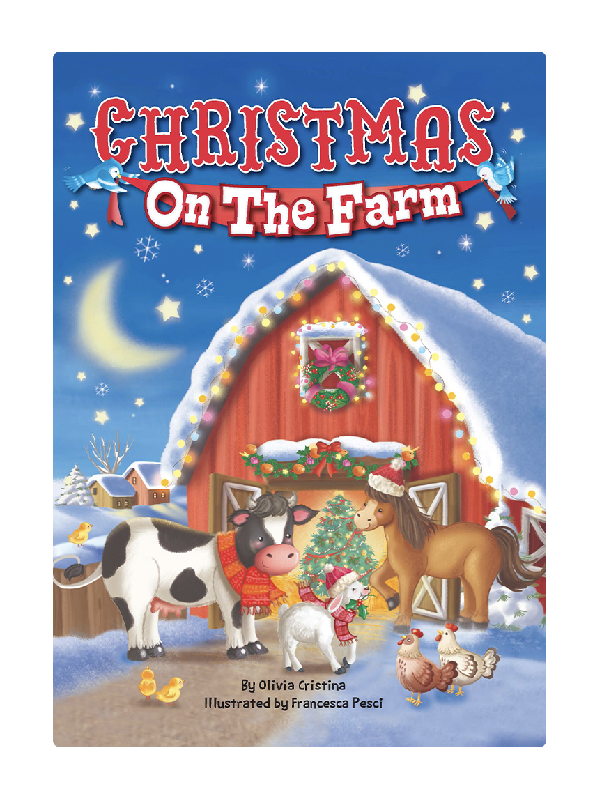 Book cover of 'Christmas on the Farm' with a barn and farm animals decorated for Christmas.