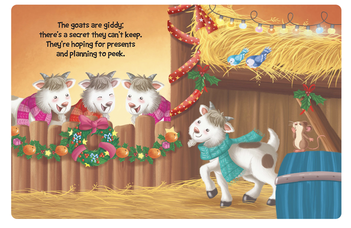 Illustration of goats in a festive setting with Christmas decorations.
