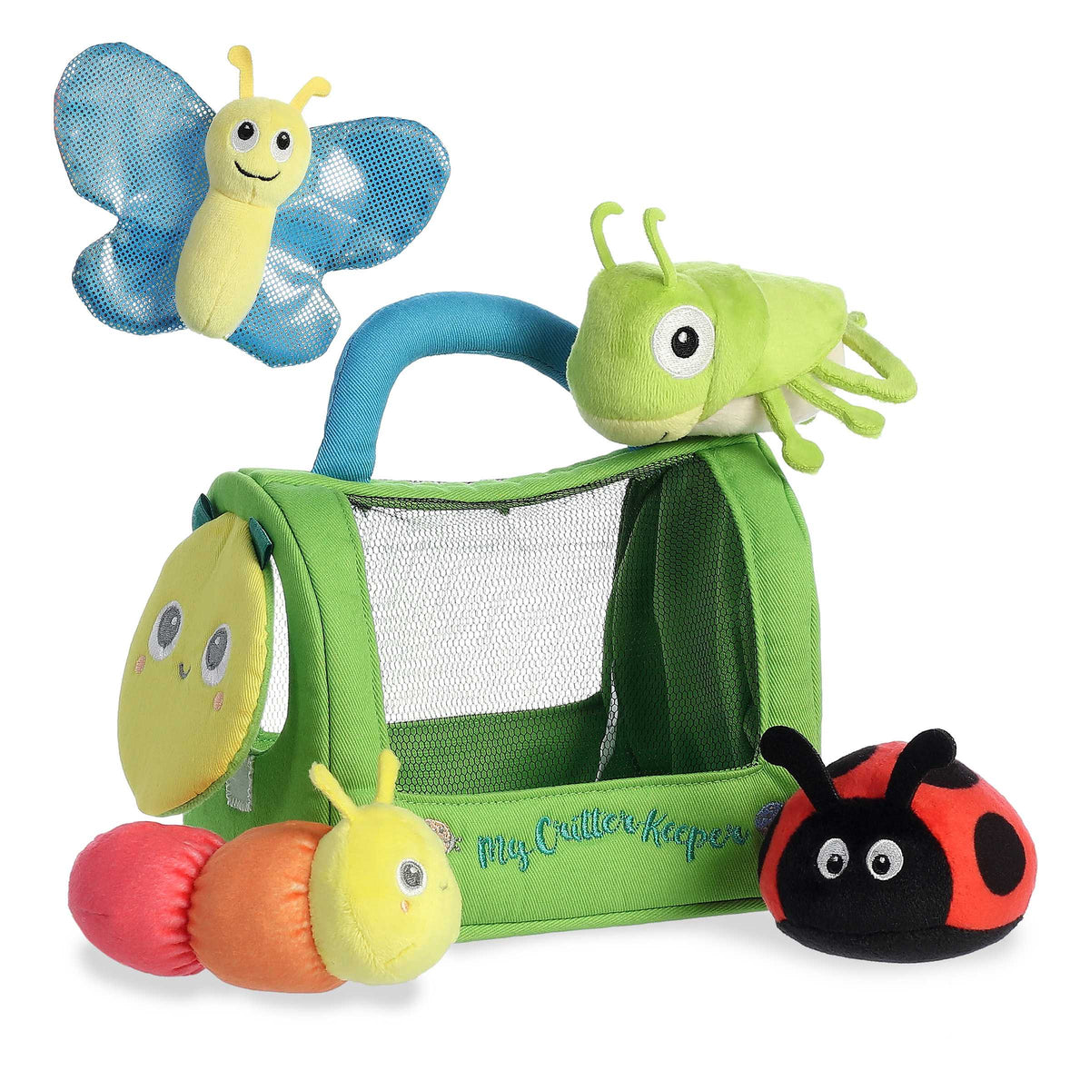 Green playpen with plush insect toys including a butterfly, caterpillar, and ladybug on a white background.