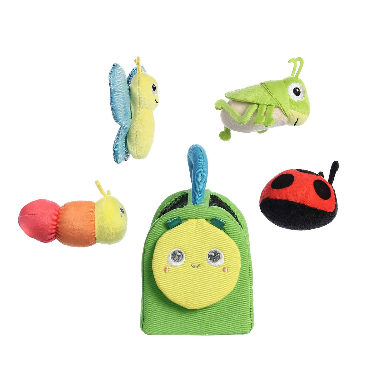 Set of colorful plush toys shaped like insects on a white background