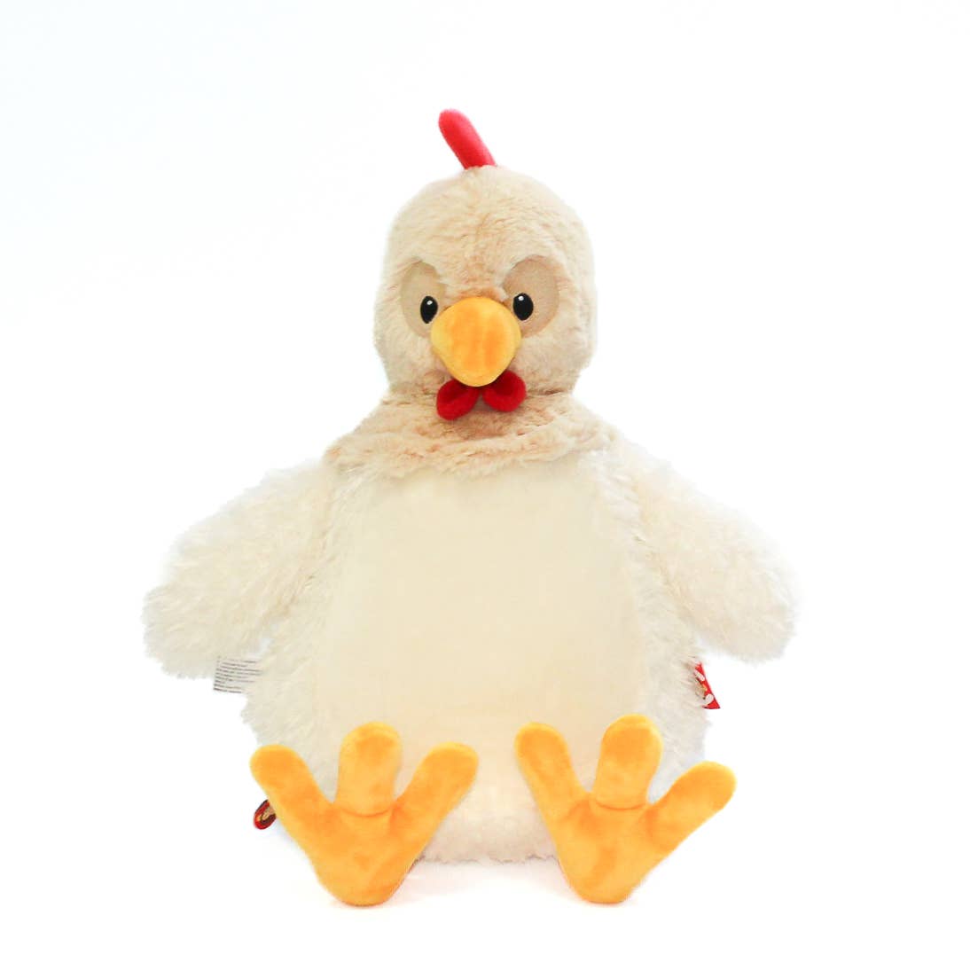 Plush chicken with a soft looking tan body, yellow feet, and red comb. 