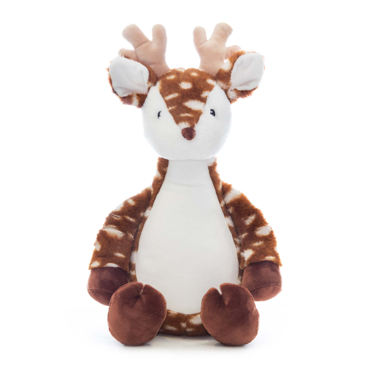 Plush spotted brown deer with white antlers and stomach sits against a white background. 