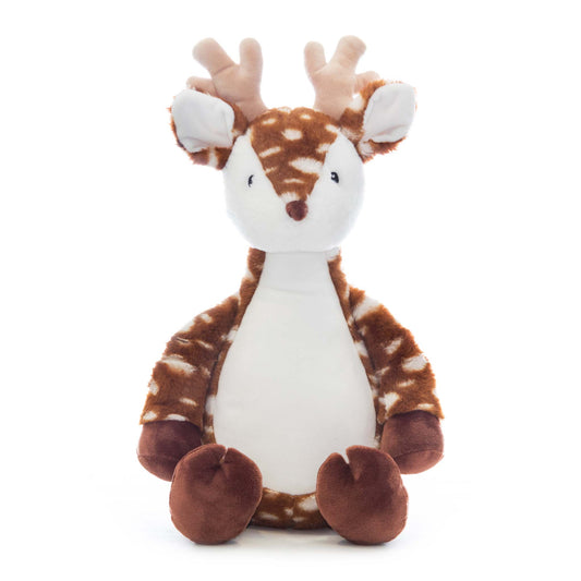 Plush spotted brown deer with white antlers and stomach sits against a white background. 