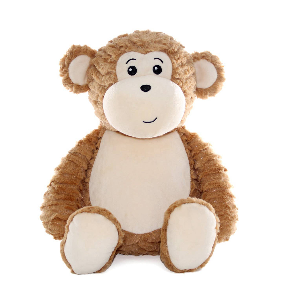 Plush brown monkey with tan stomach and ears sits against a white background. 
