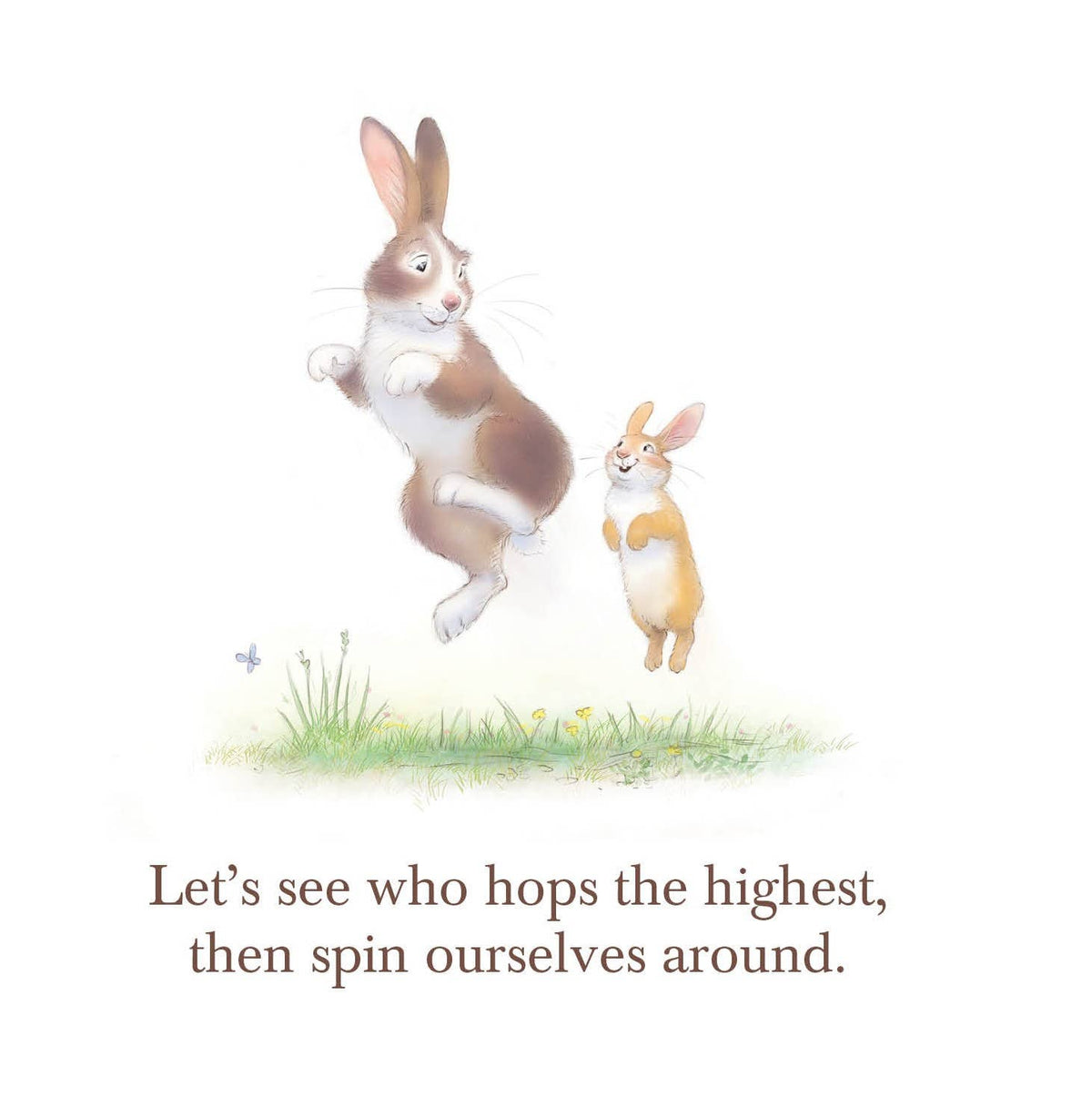 Two cartoon bunnies on a white background with text encouraging a game of hopping.