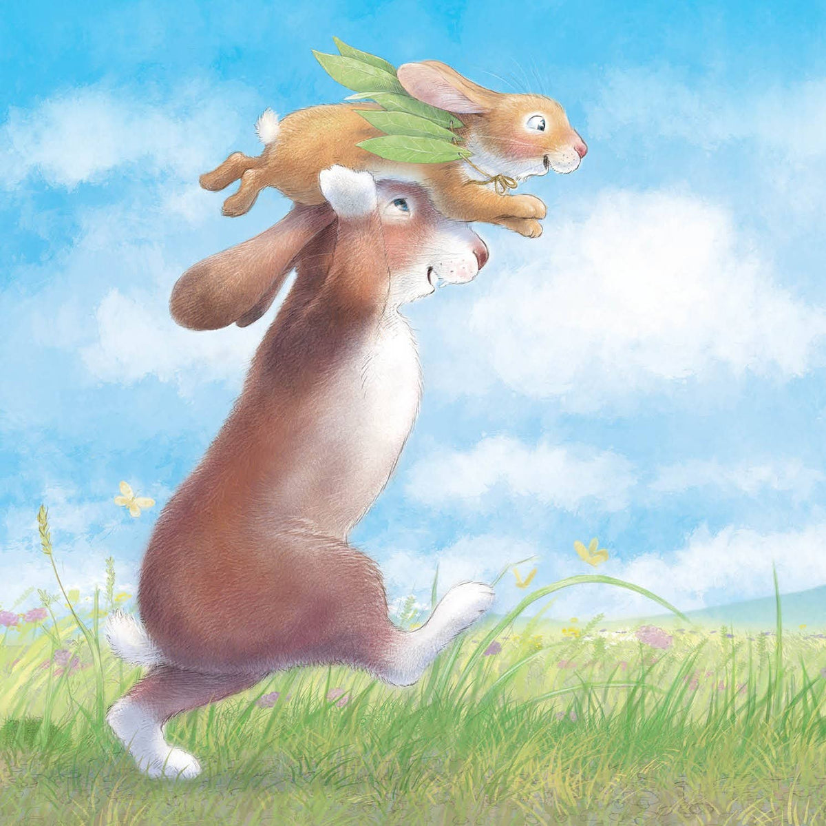 An illustration of an older rabbit flying a younger rabbit above his head in a field with a blue sky in the background. 