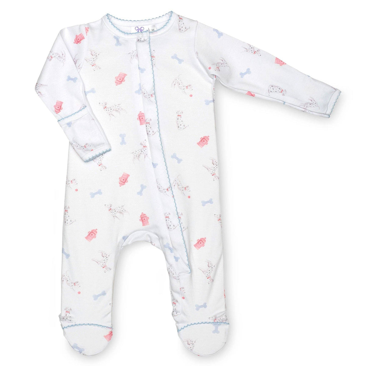 Baby onesie with a dalmation dog print and blue trim on a white background. 