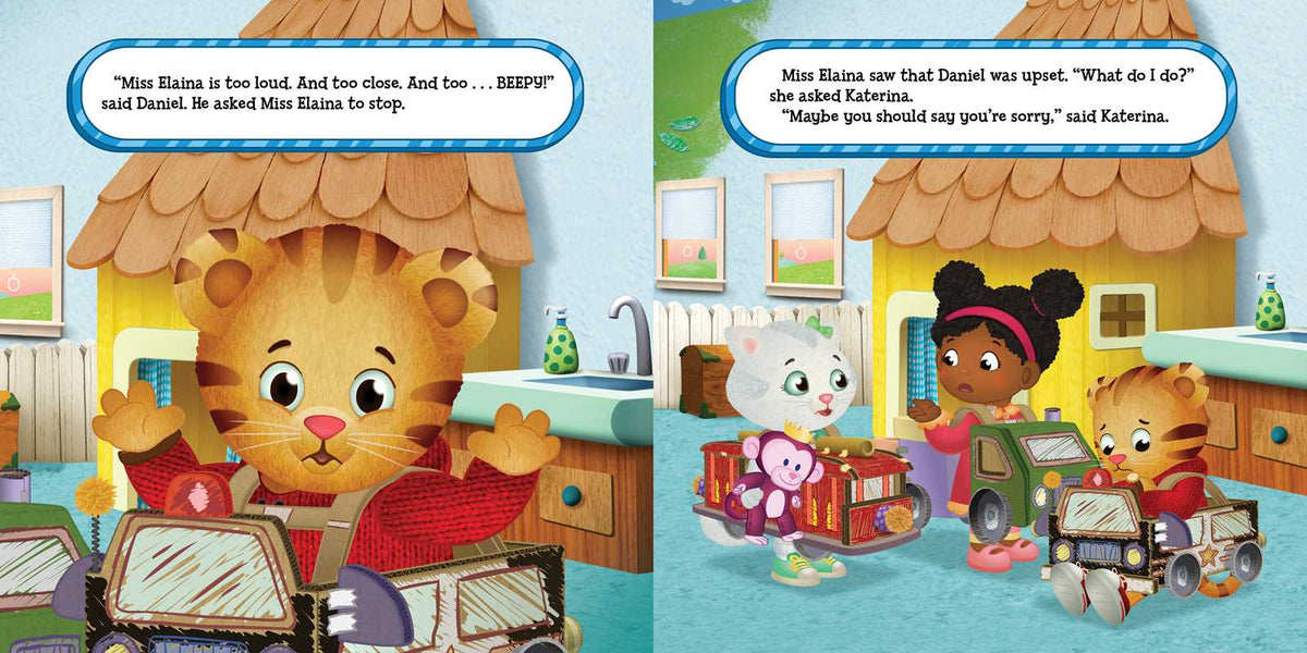 Illustrated book pages with a lion character and children in a classroom setting.