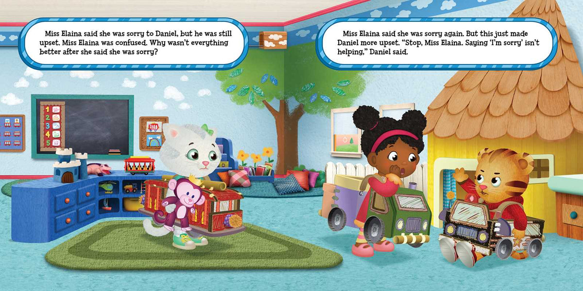 A colorful cartoon illustration of a children's play or classroom scene with three animal characters standing with toy cars in front of a house and tree. Speech bubbles at the top contain text about saying sorry to Daniel.