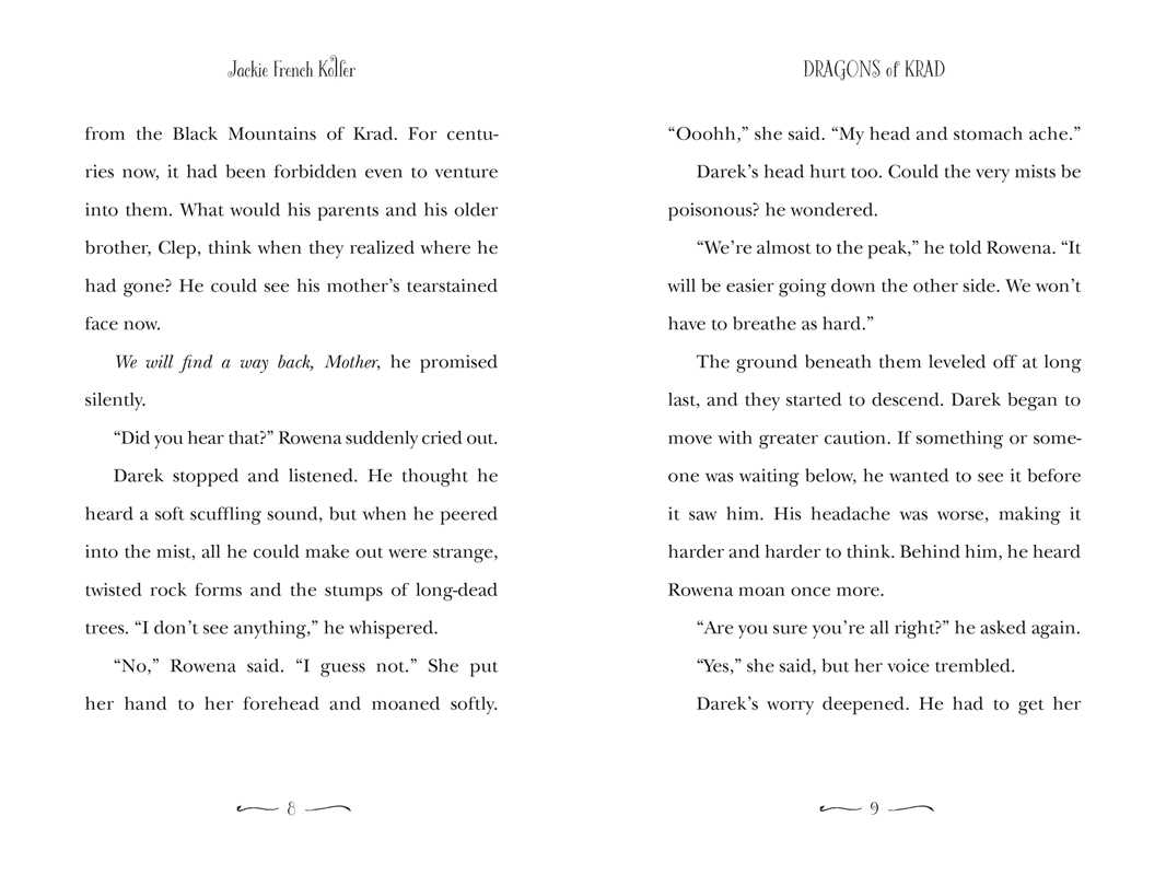 A printed book or magazine page with two columns of black serif text on a white page, headed 'Jackie French Koller' and 'DRAGONS OF KRAD'.