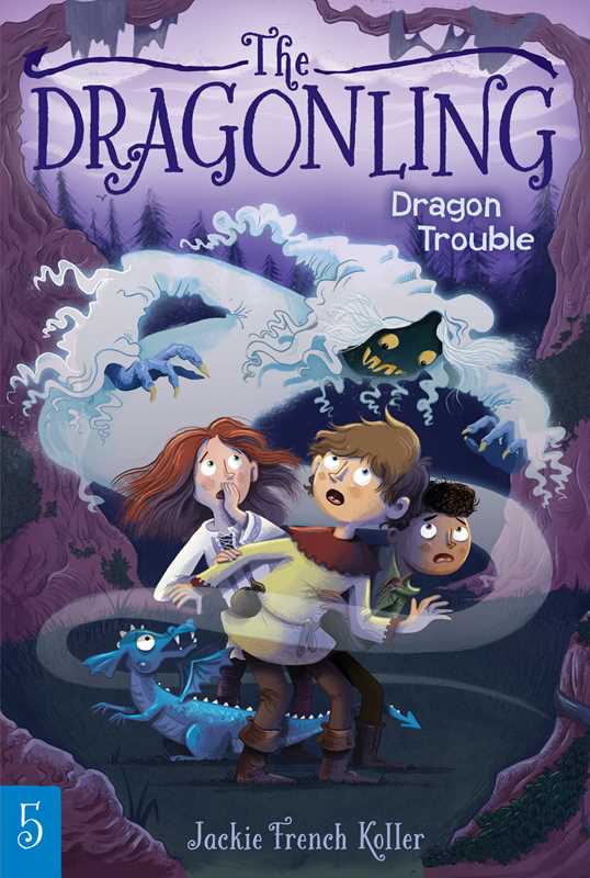 Book cover of 'The Dragonling: Dragon Trouble' with three children and a dragon in a fantasy scene.