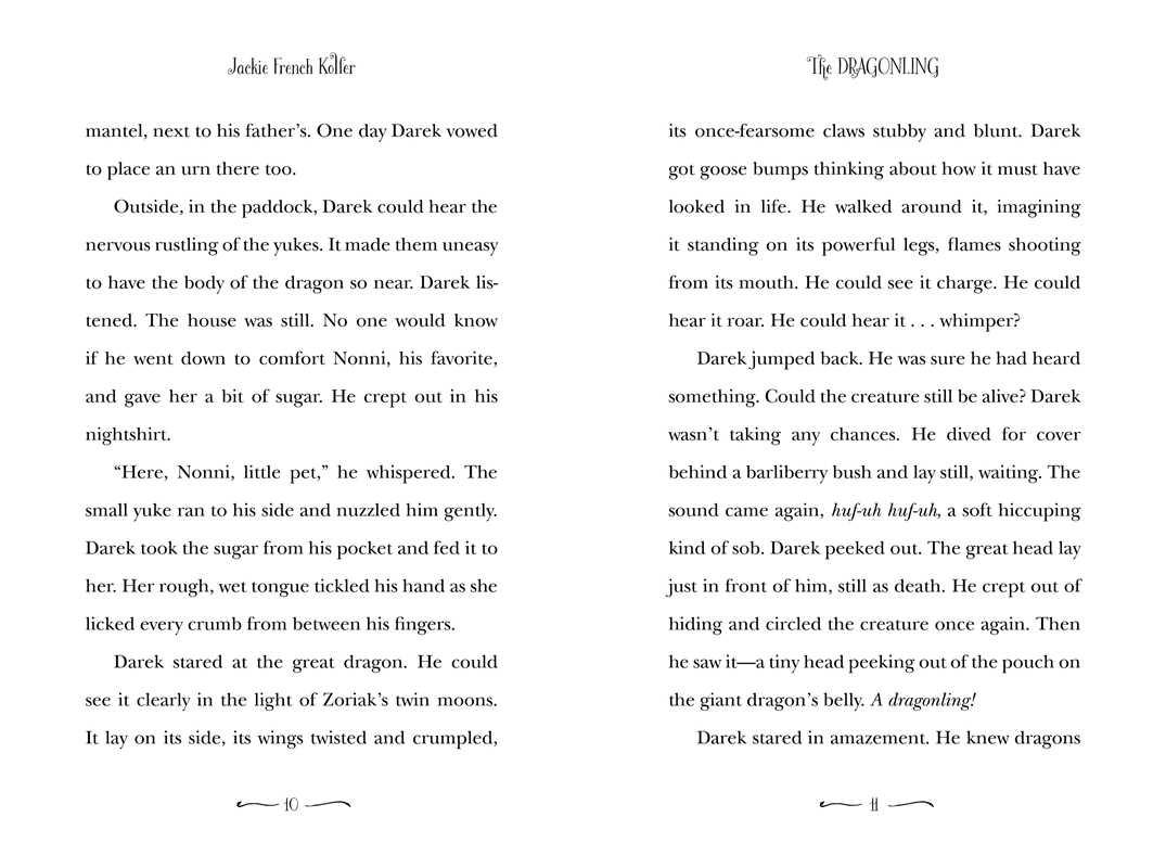 A two-page spread of a book showing printed text in black on an off-white page, with the title 'The Dragon Hunt' at the top and a small credit at the top left.
