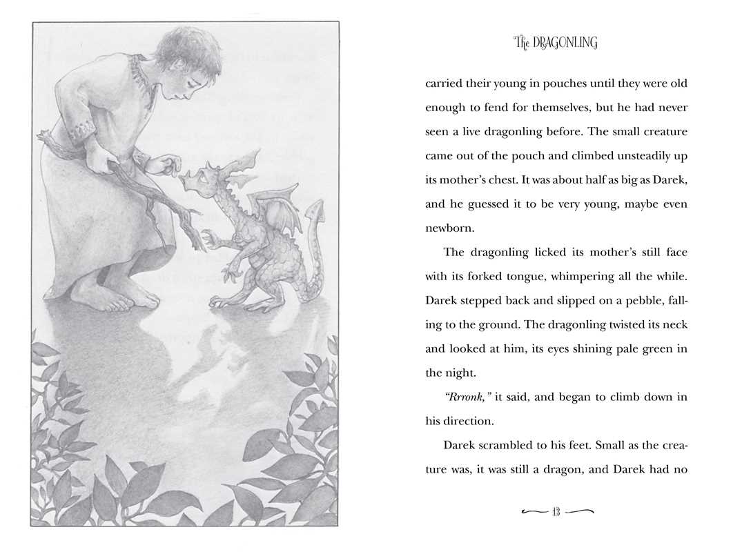 A two-page spread from a children's book showing a monochrome illustration of a dragon on the left, and the text of the story 'The Dragonling' on the right.
