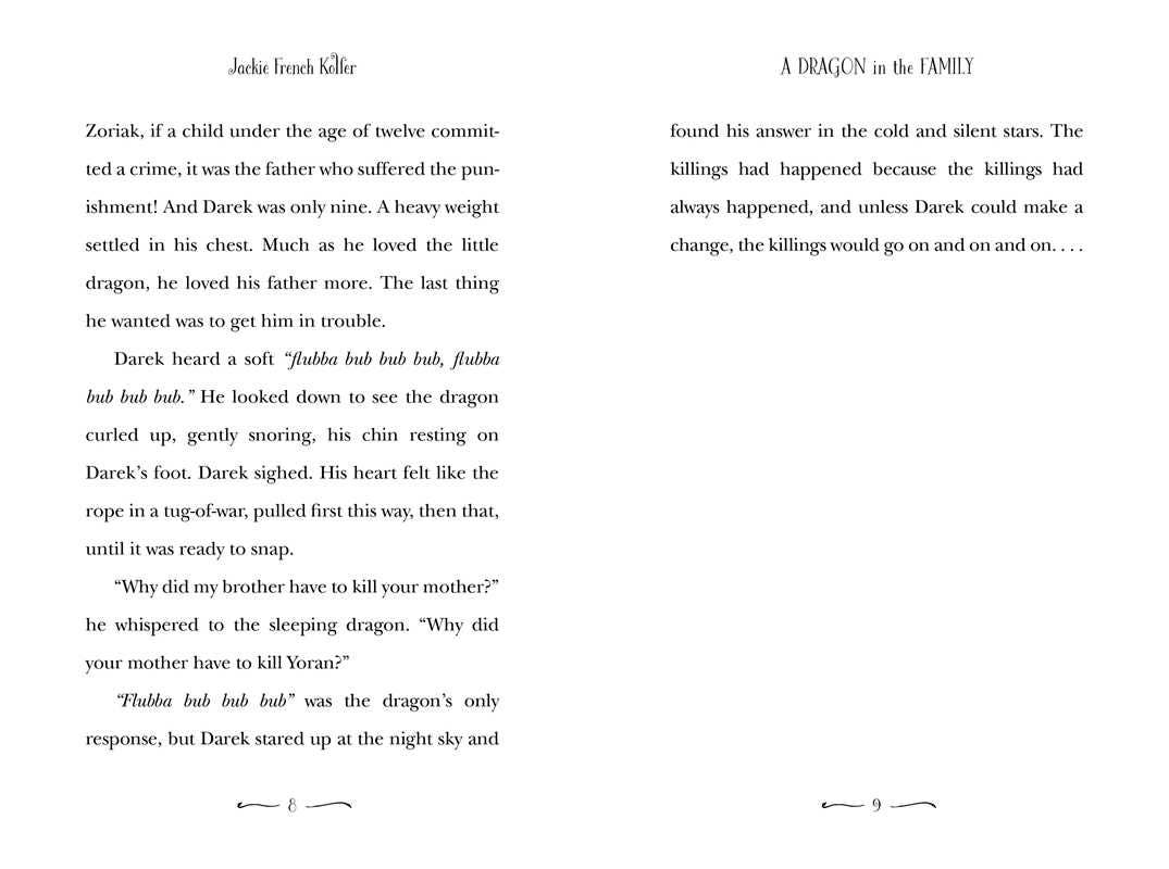 Two printed book pages with black serif text on a white background,  and 'A DRAGON in the FAMILY'.