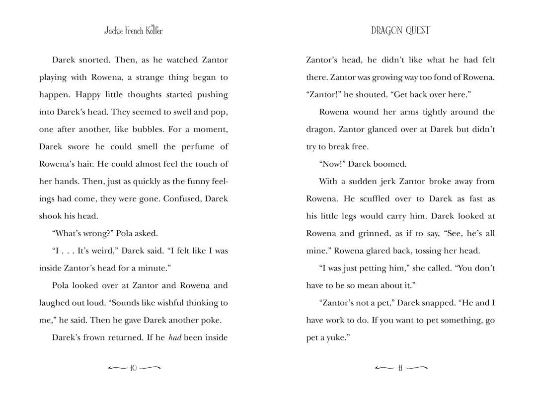 A two-page spread of a book or magazine interior featuring printed text from 'Jackie French Koller' and 'Dragon Quest' with black serif typography on a white page.