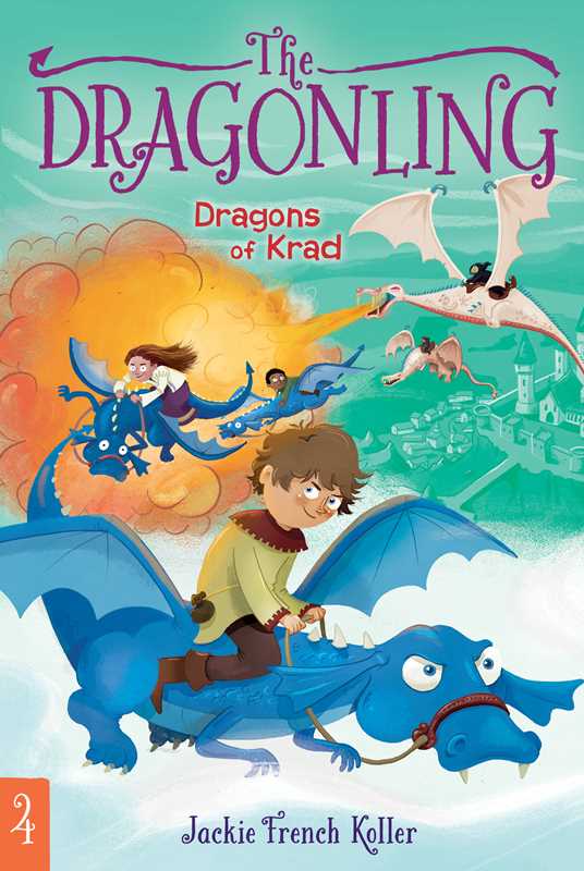 Book cover of 'The Dragonling: Dragons of Krad' with children riding dragons against a colorful sky.