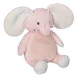 A plush pink Elephant sits against a white background. 