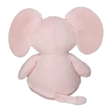 Back view of a plush pink elephant against a white background. 