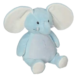 Blue plush elephant against a white background. 