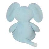 Back view of blue plush elephant against a white background. 