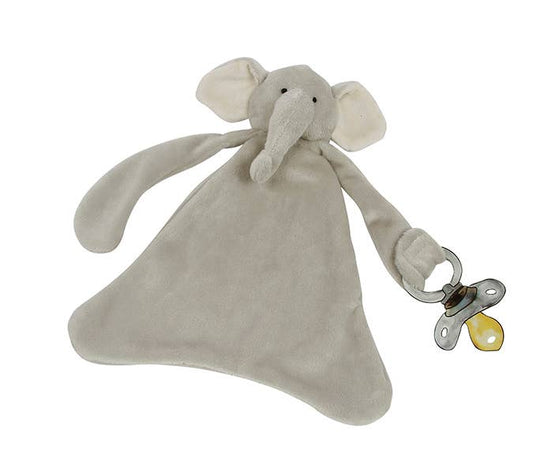 Blankie Pacifier holder in a gray soft fabric with an elephant theme and head with a pacifier in his hand