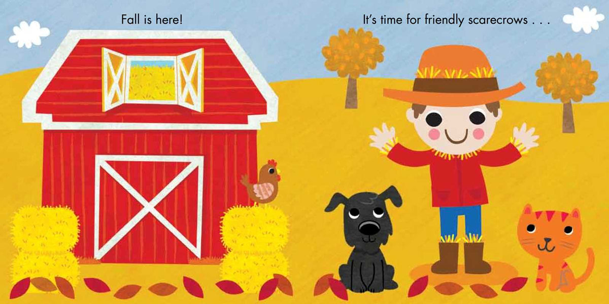 A colorful children's book or poster illustration showing a fall farm scene with a red barn, a smiling scarecrow, a black dog, and a orange cat on a yellow field under a blue sky.