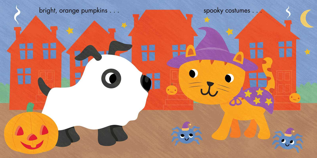 A colorful children's illustration showing a white sheep in a black-and-white costume and an orange cat in a purple witch hat and purple cape, with pumpkins, houses, stars, and the text 'bright, orange pumpkins .