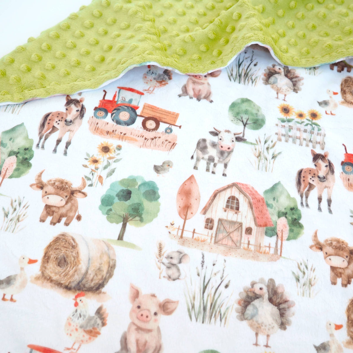 Farm themed blanket laid on a white background showing the green other side