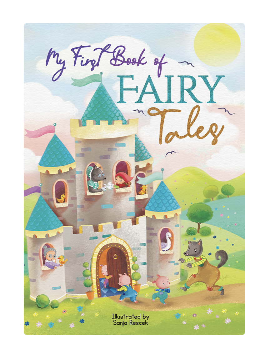 Book cover of 'My First Book of Fairy Tales' with a castle illustration and colorful design.