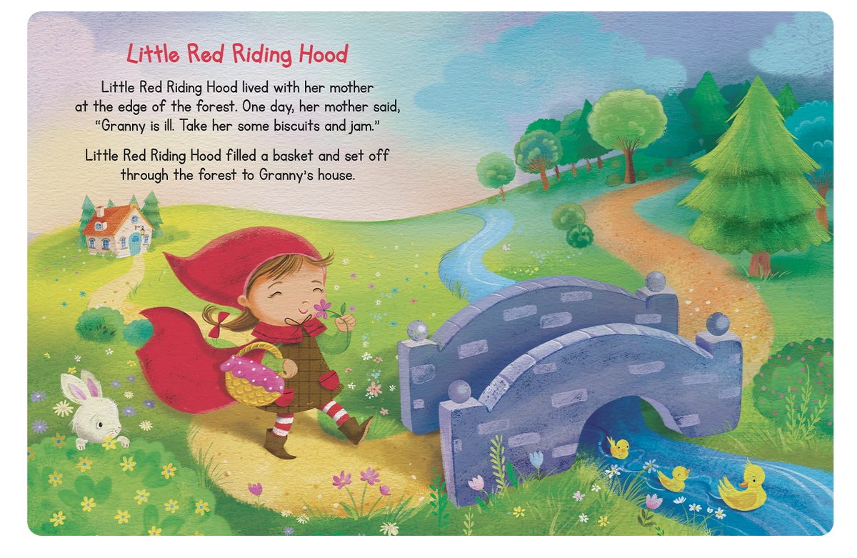 Illustration of Little Red Riding Hood in a forest setting with a bridge and house.