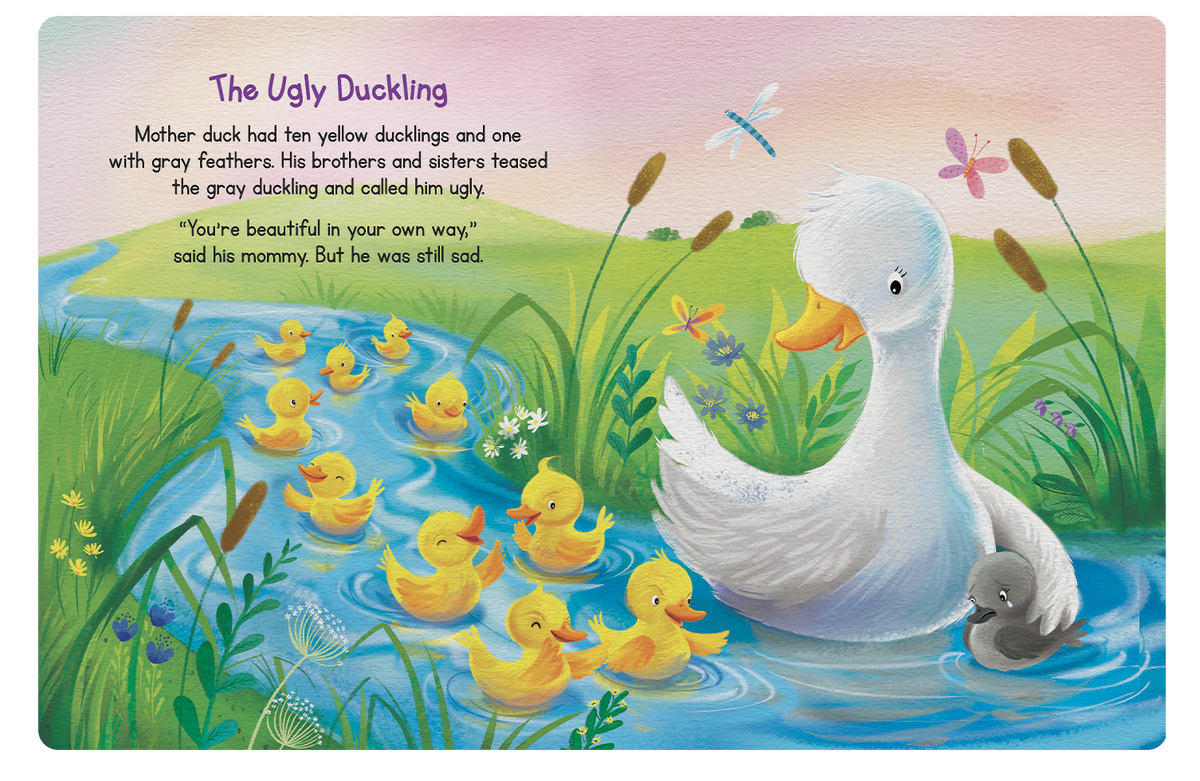 Illustration of a mother duck with her ducklings in a pond, with text above.