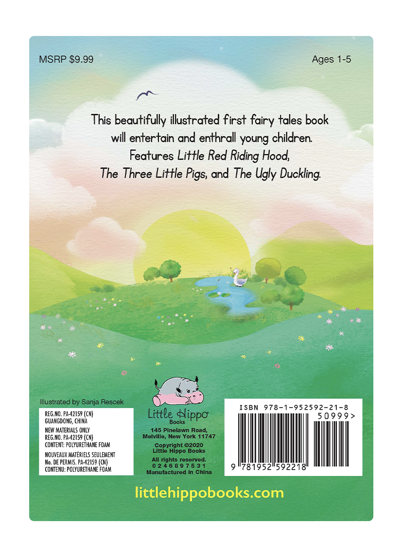 Back cover of a children's book with a colorful illustration of a landscape and text.