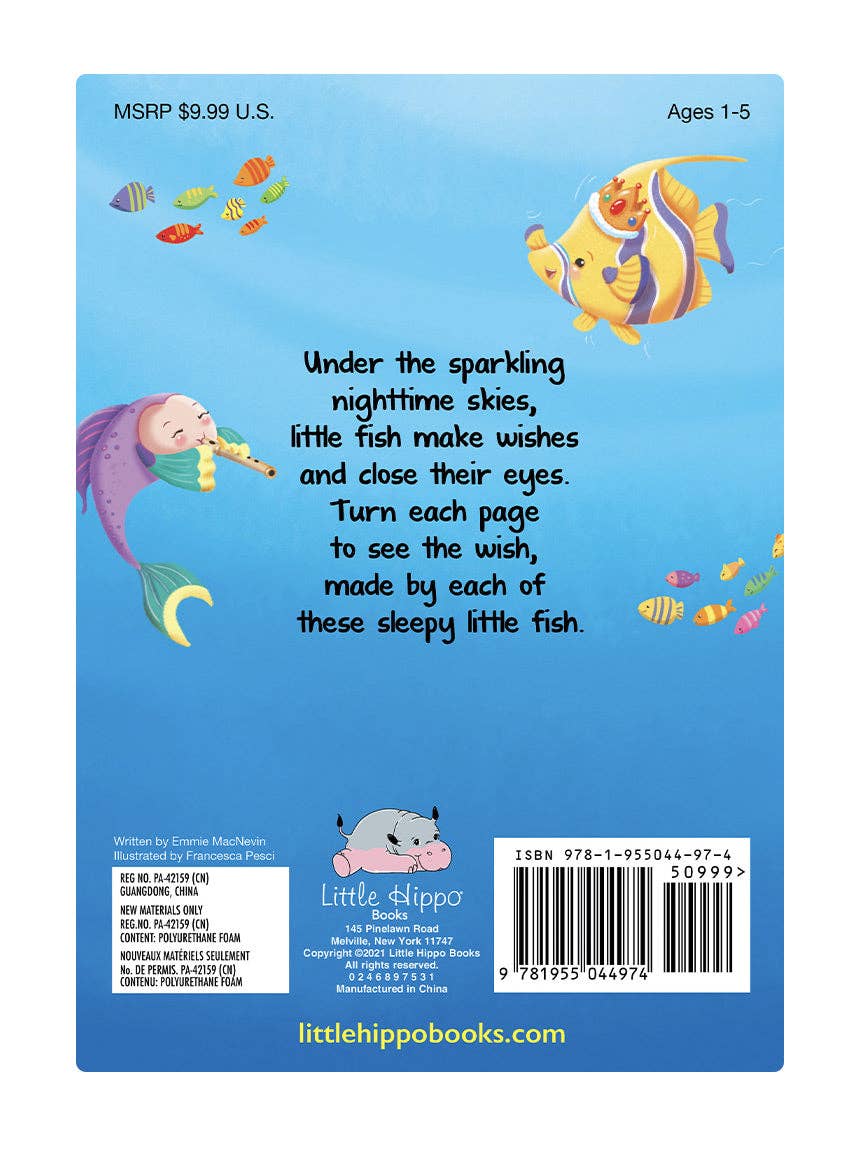 Back cover of a children's book with colorful fish illustrations and text.