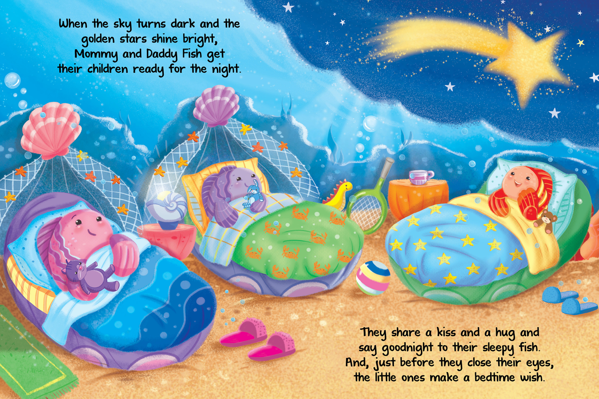 Illustration of little fish sleeping under the sea and starry sky