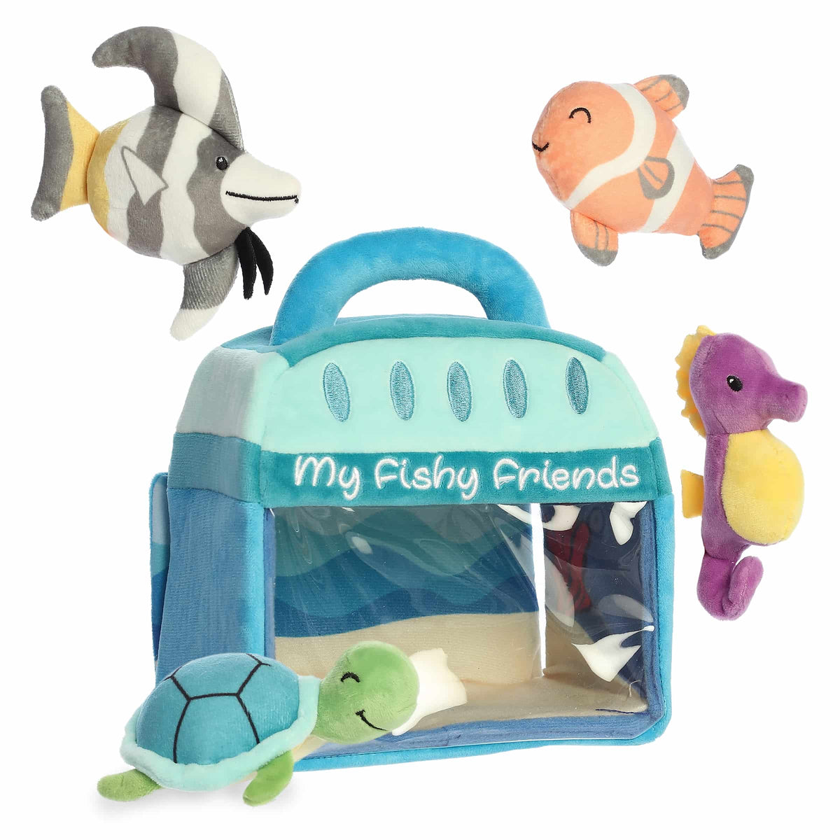 Set of plush sea creatures in a carrying case labeled 'My Fishy Friends' on a white background.