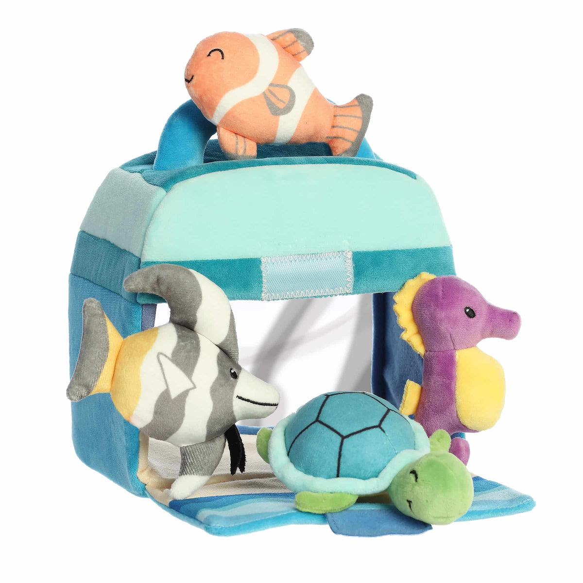 Plush toy cube with sea-themed animals on a white background