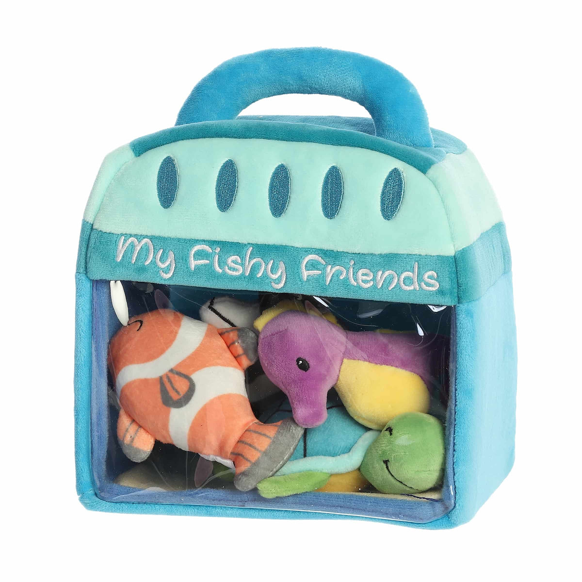 Set of plush fish toys in a blue carrying case with 'My Fishy Friends' text.