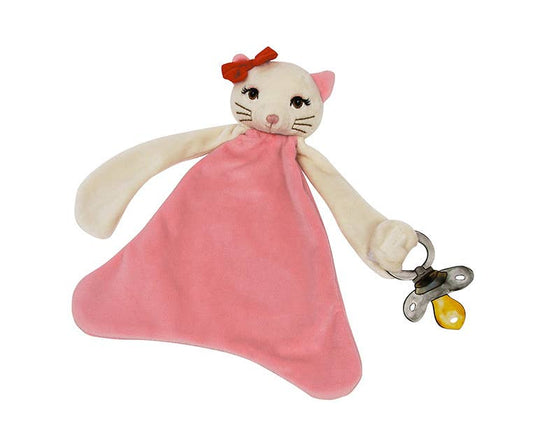 Pink blankie kitty themed pacifier holder ith red bow and pacifier hand against a white background. 