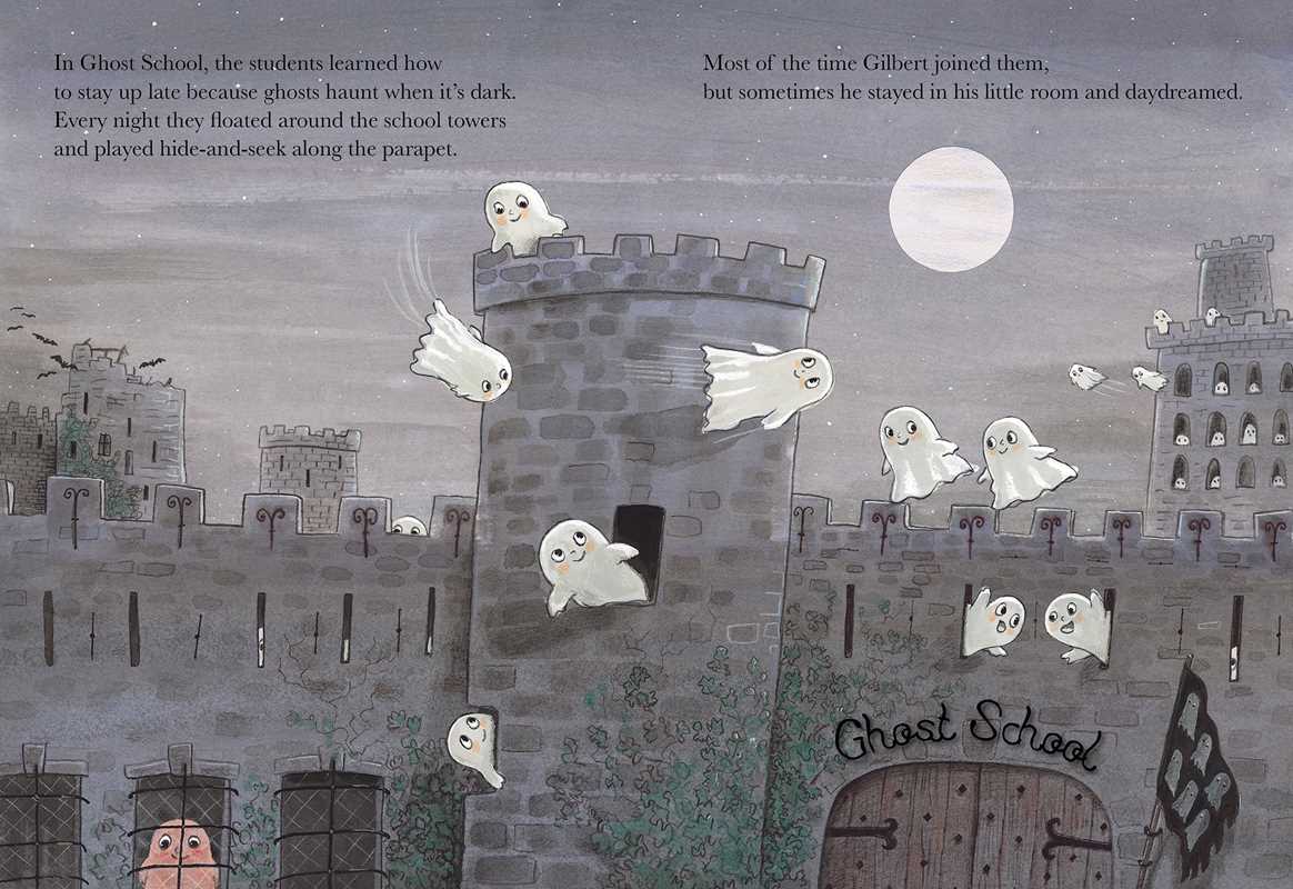 Illustration of ghosts around a school with text about a student named Gilbert.