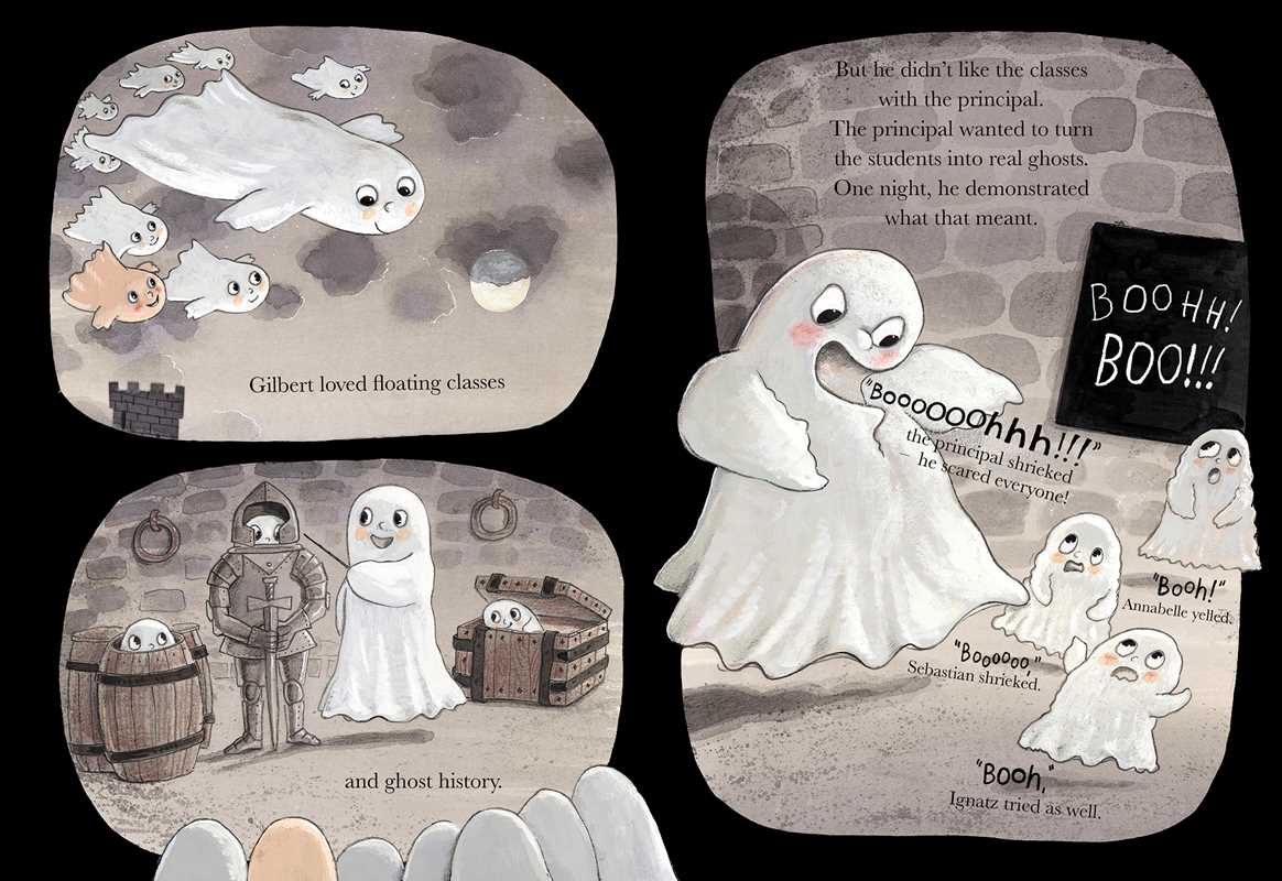 A collage of illustrated ghost-themed cards or pages on a black background, featuring cartoon ghosts, stone-textured panels, handwritten notes, and printed text such as 'Gilbert loved floating classes' and 'BOOHH! BOO!!!'.