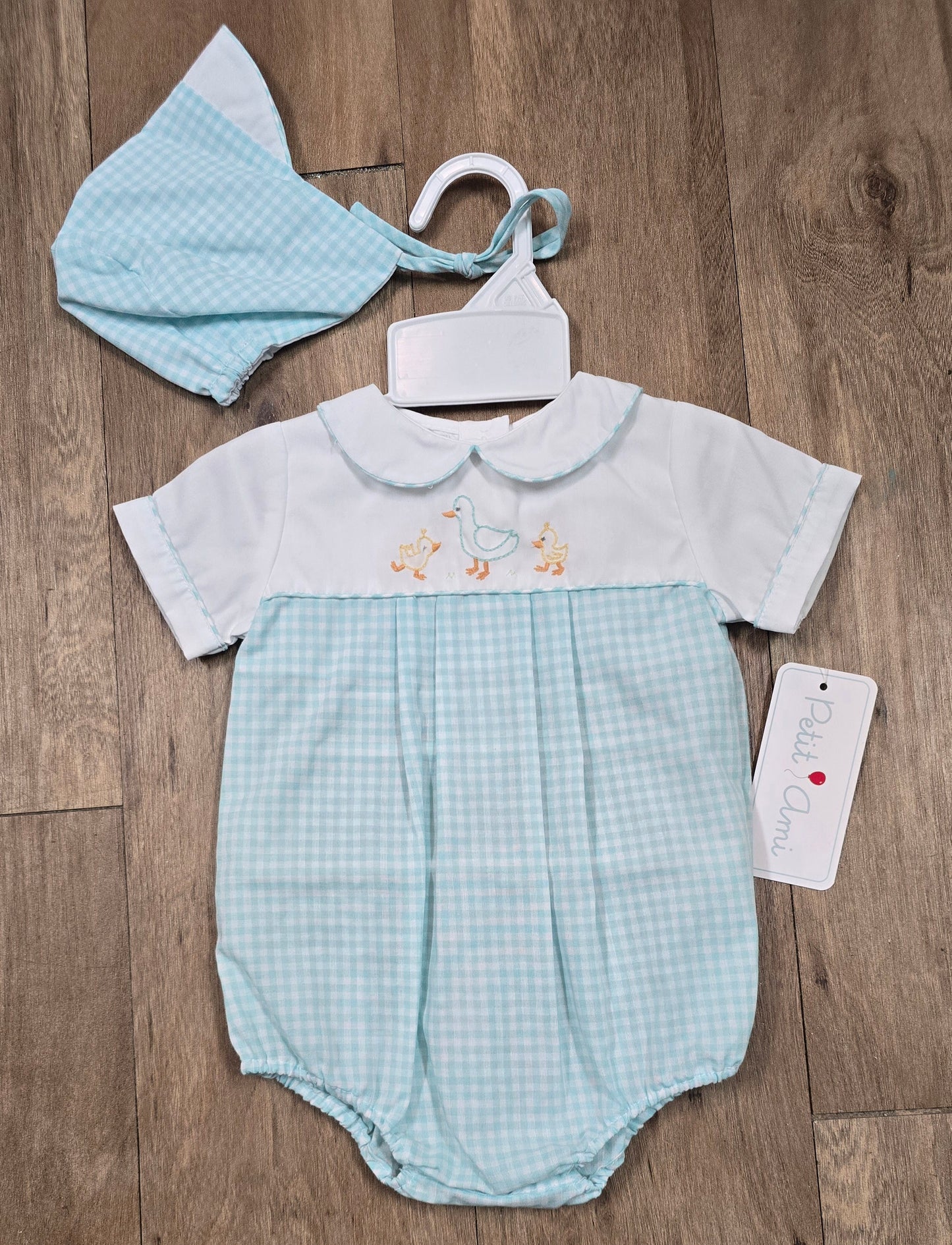 Gingham Duck Baby Romper- Aqua