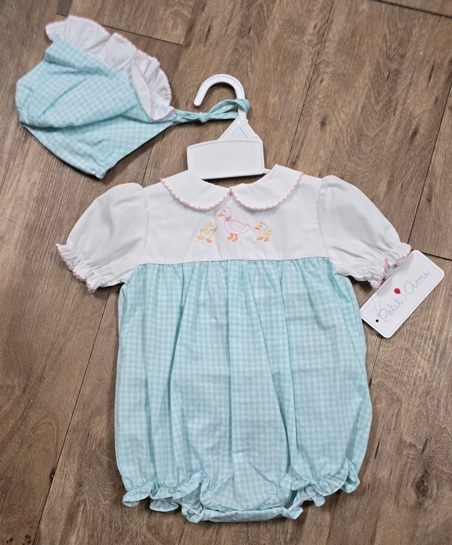 Gingham Duck Baby Romper-Pink