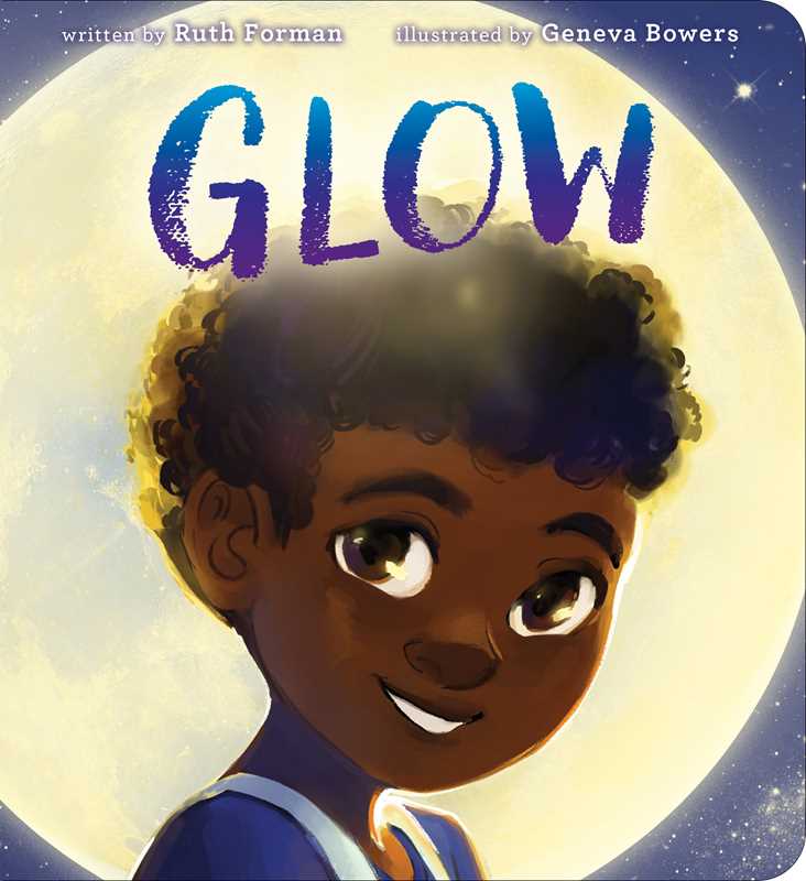 Book cover of 'Glow' with a child's face and glowing effect against a moonlit sky.