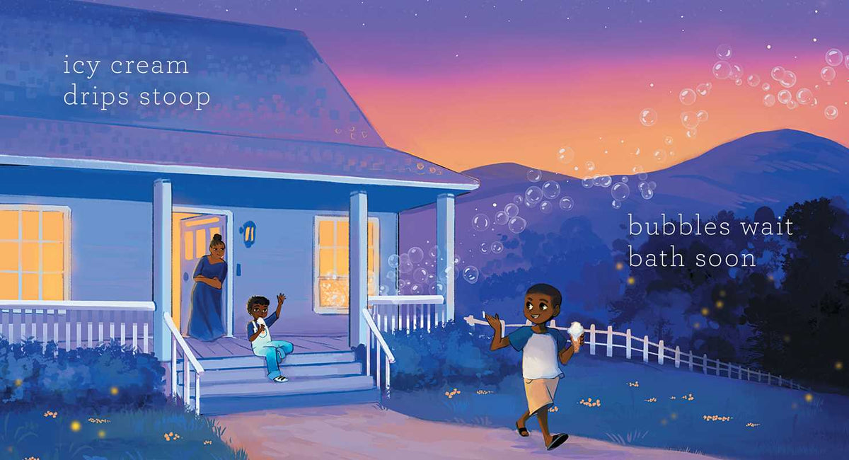 Illustration of a house with children playing outside at night.