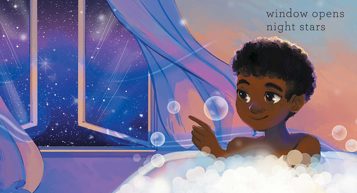 Illustration of a child in a bubble bath looking out a window at night with stars.